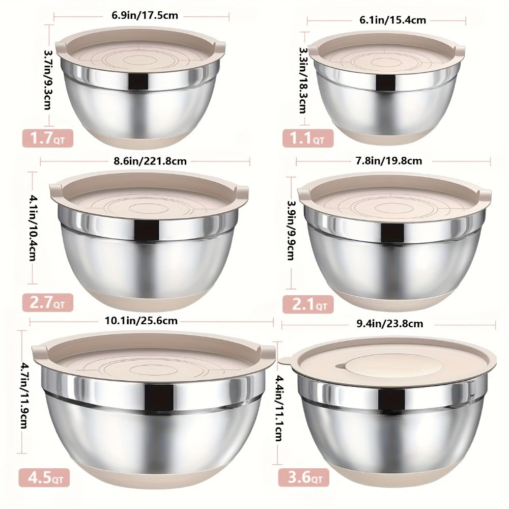Nested Mixing Bowl Set with Khaki, Black or Mixed-Color Lids, Grater Inserts and Prep Tools
