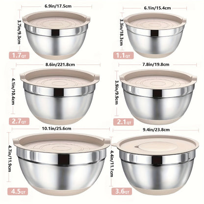 Nested Mixing Bowl Set with Khaki, Black or Mixed-Color Lids, Grater Inserts and Prep Tools