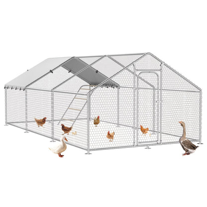Dog Kennel Outdoor Large Metal Walk-in Chicken Run Pen Poultry Cage with Anti-UV Cover Movable Rack for Garden, Patio and Yard Use