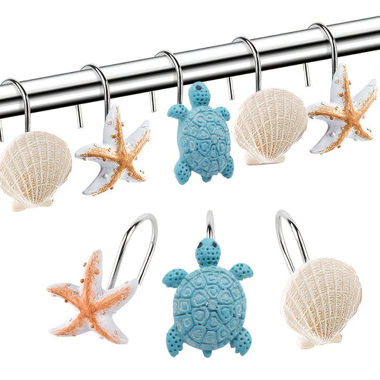 12-Piece Marine Shower Curtain Hook Set with Blue Turtle, Starfish and Seashell Decorations