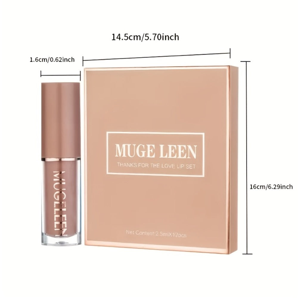 Lip Gloss Set by MUGE LEEN with 12 Mixed Nude, Pink and Red Lip Colors in a Presentation Box