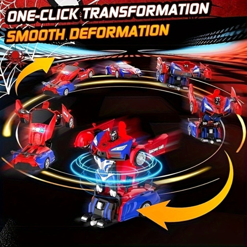 Spider Robot RC Car for Kids 1:18 with LED Lights, One-Button Transform Police Car Stunt Toy