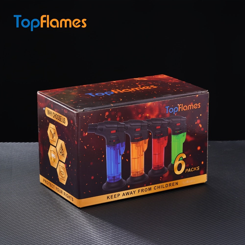 Butane Torch Lighter 6pcs Big Jet Flame Refillable & Adjustable Mini Blow Torch - Gift Box Set for Camping