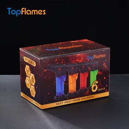 Butane Torch Lighter 6pcs Big Jet Flame Refillable & Adjustable Mini Blow Torch - Gift Box Set for Camping