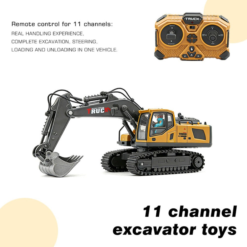 RC Excavator Toy 1:24 Scale 2.4GHz 9-Channel Remote Control with Alloy Metal Cap Lights & Sound Rechargeable Battery