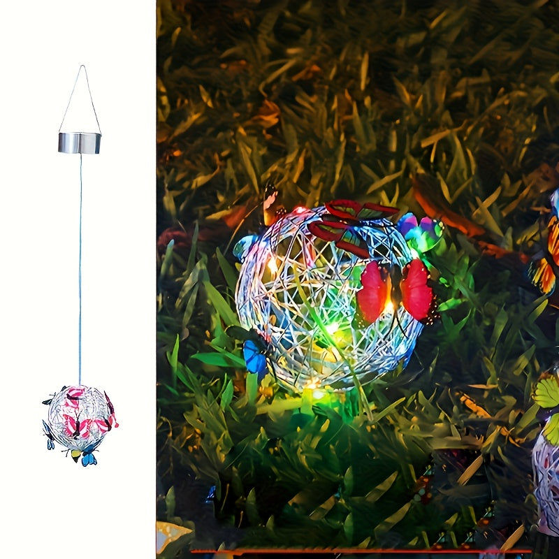 Solar Butterfly Lantern Outdoor Metal Iron Hanging Solar Light, Auto On at Dusk, White & Color Light
