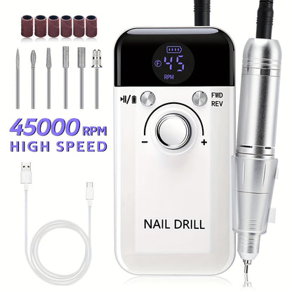 Electric Nail Drill 45000 RPM Rechargeable Kit with LCD Display and V6 Pink or White Options
