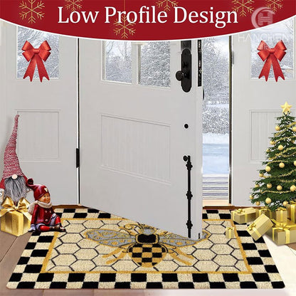 Bee Honeycomb Entryway Floor Mat with Black Check Border in Three Sizes from 15.74 x 23.62 to 17.71 x 47.24 Inches