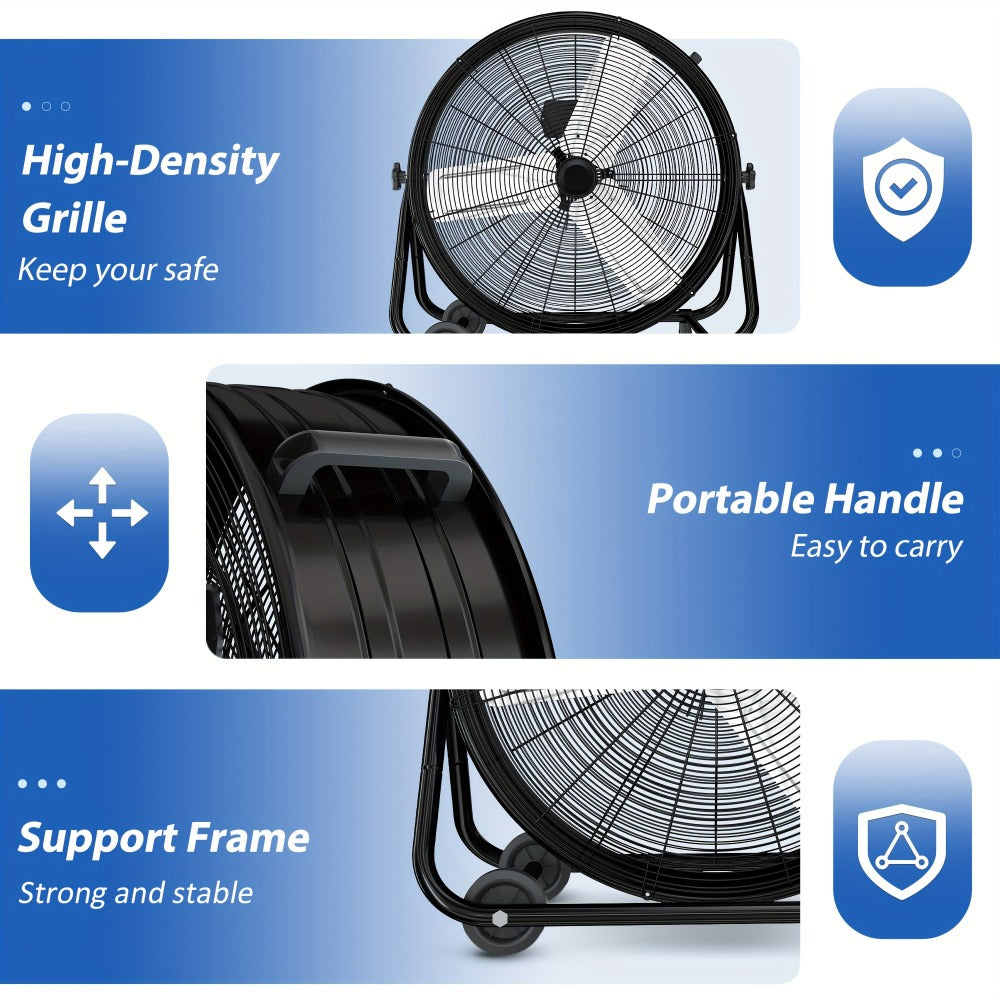 Industrial Drum Fan High Velocity Floor Fan 24 30 Inch, 3-Speed Metal Air Circulator 360 Tilt Casters ETL Listed