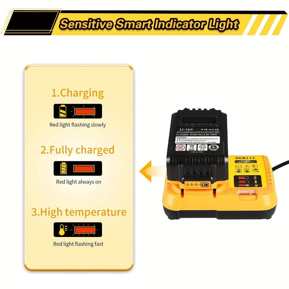Yellow 12V/20V MAX Battery Charger Compatible with Select DeWalt DCB Batteries and 22V 2A Output Label
