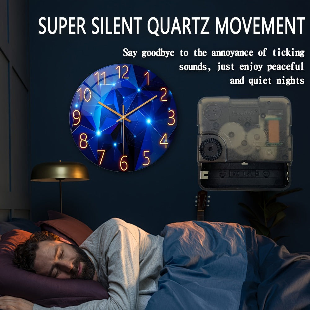 Blue Glass-Face Wall Clock with Gold-Tone Numerals, Quartz Movement and Five Diameter Options from 12 to 24 Inches