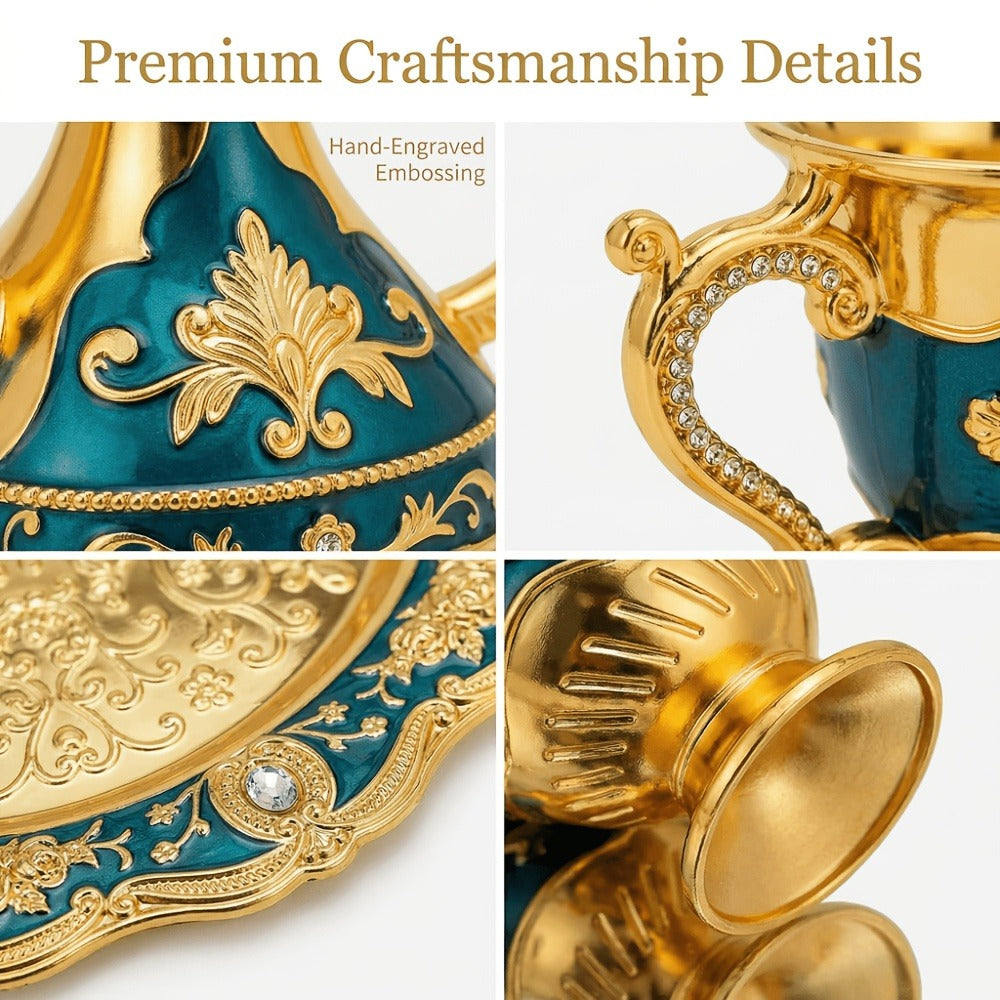 Vintage Turkish Coffee Tea Set – Zinc Alloy Teapot, 6 Cups & Tray | European Style Luxury Gift Set for Tea, Coffee & Cappuccino