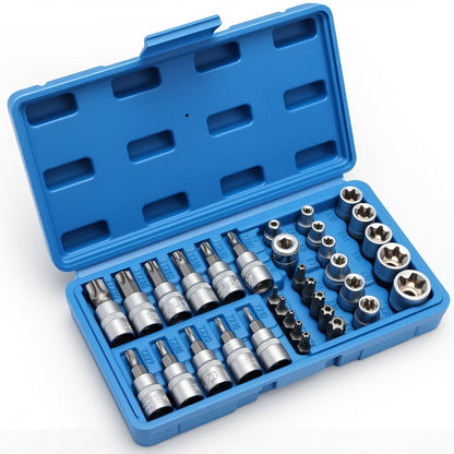 Torx Star Bit Socket Set 34/46-Piece – 3/8" Drive CR-V E-Socket E4-E20, T10-T60, Tamper-Proof TT10-TT55, S2 Steel, 5/16"F to 3/8"M Adapter