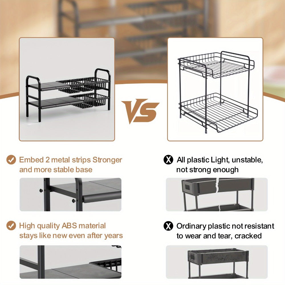 Expandable Under Sink Organizer 2-Tier Cabinet Shelf with 5 Removable Panels & 5 Baskets, Adjustable Under Sink Storage Rack for Kitchen