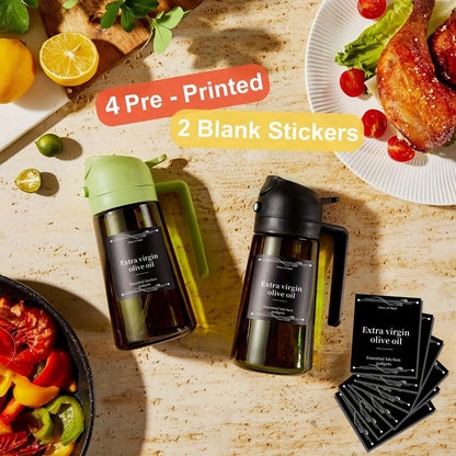 Olive Oil Dispenser Bottle 2-in-1 Glass Oil Sprayer & Dispenser 16oz Kitchen Cooking Oil Bottle with Labels for BBQ, Salad