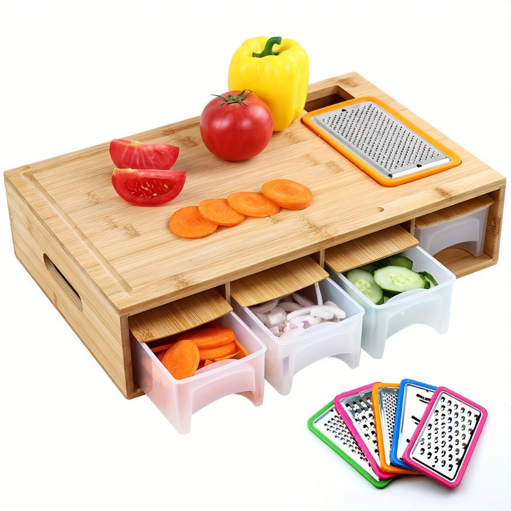 Bamboo Cutting Board with Food Container, Cheese Grater & Juice Groove – Large Wooden Chopping Board Set with Storage Box