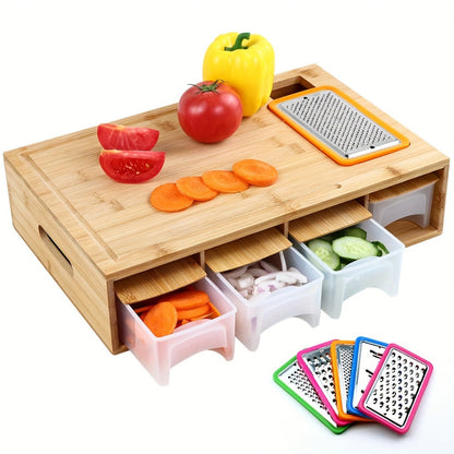 Bamboo Cutting Board with Food Container, Cheese Grater & Juice Groove – Large Wooden Chopping Board Set with Storage Box