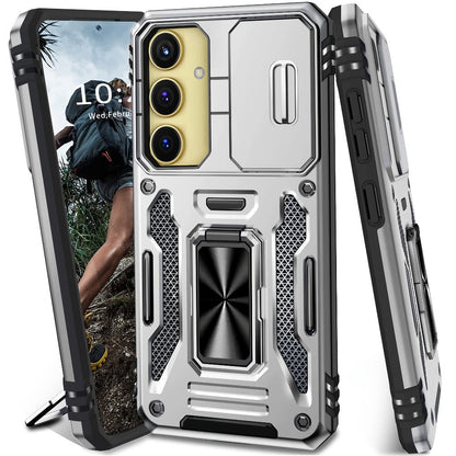 Samsung Galaxy Shockproof Magnetic Phone Case with 360° Rotating Ring Bracket & Sliding Lens Protector – Heavy Duty Cover for S24FE S23FE