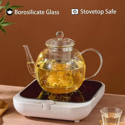 Glass Teapot with Removable Infuser 51oz Borosilicate Clear Tea Kettle Stovetop Safe for Loose Leaf Blooming Herbal & Flower Tea