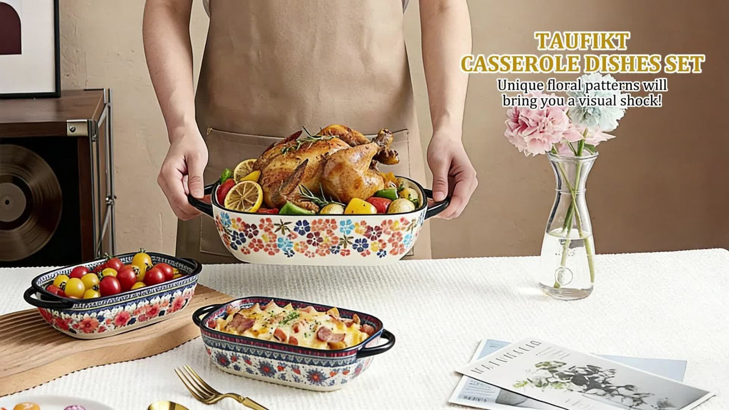 Ceramic Baking Dish Set of 2 Large 13 Inch Rectangular Casserole Dish Porcelain Bohemian for Entryways, Bedrooms and Living Spaces