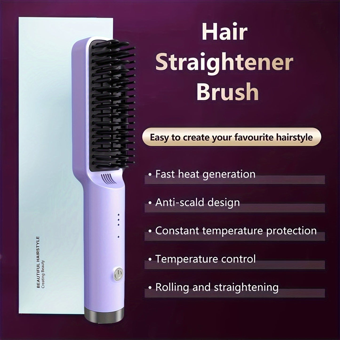 Compact Hair Straightening Brush with Three Color Options, LED Indicators and Three Pictured Heat Levels