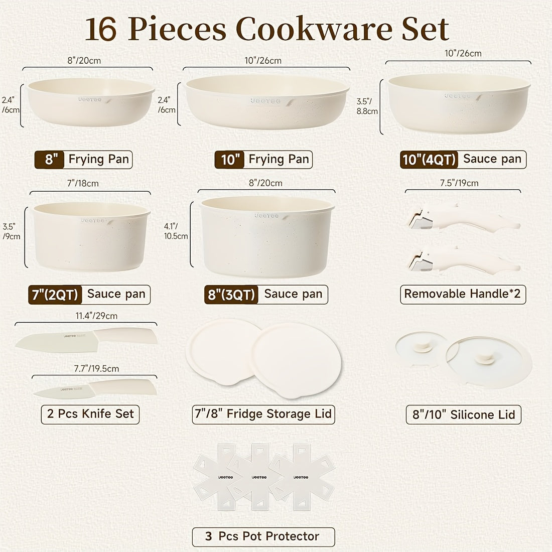 Cookware Set A Dinnerware 16- or 26-Piece Detachable-Handle Pots and Pans in Black or Beige for Compact Storage