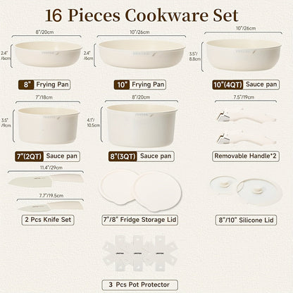 Cookware Set A Dinnerware 16- or 26-Piece Detachable-Handle Pots and Pans in Black or Beige for Compact Storage