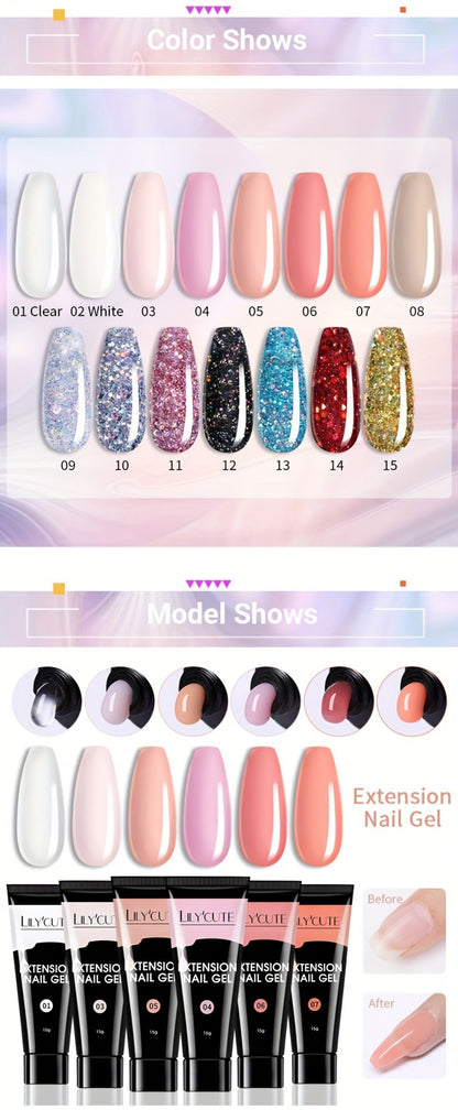 Builder Gel Nail Extension Kit – Quick Build UV LED Acrylic Gel in White Nude Pink Crystal for Nail Construction Overlay Sculpting Salon