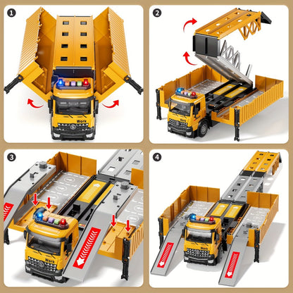 Construction Vehicle Container Truck Toy Set with Crane & Foldable Double Race Track, 4 Alloy Trucks