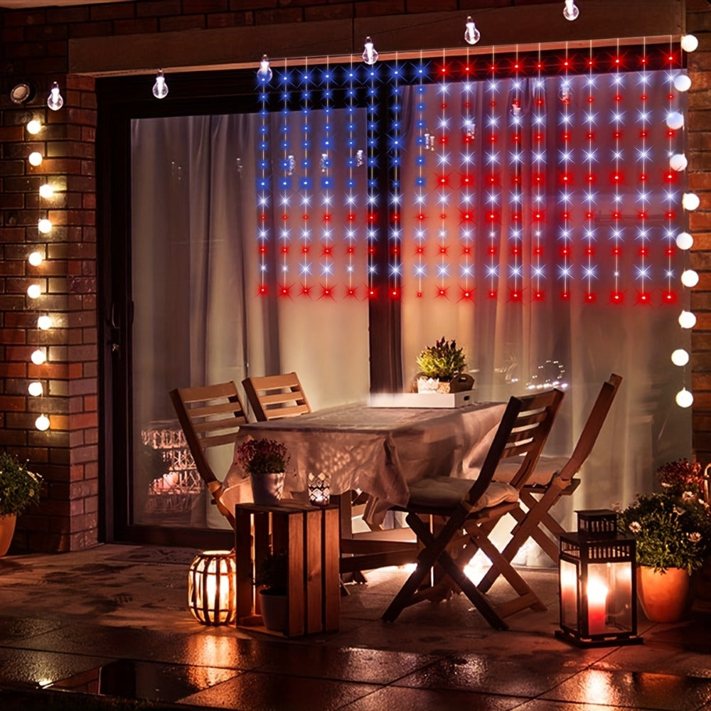 American Flag LED Curtain Lights 242 LEDs USB Powered, 4th of July Patriotic Decorations for Home Porch Garden Courtyard