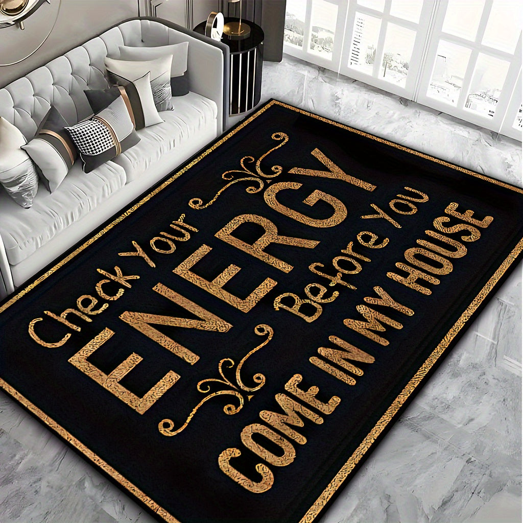 Black-and-Gold Check Your Energy Lettered Doormat in 16 x 24, 20 x 30 or 17 x 47-Inch Sizes