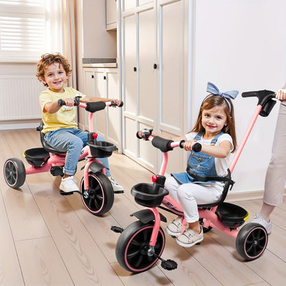 Push Handle Tricycle for Toddlers Girls Pink, 3 Wheel Trike Ages 18-60 Months with Padded Backrest