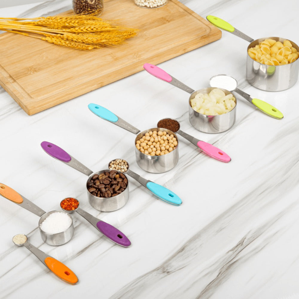 Measuring Cups and Spoons Set 10-Piece Stainless Steel with Silicone Handle, Precise Baking & Cooking Measurement Tools