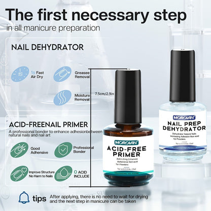 Acid Free Nail Dehydrator and Primer Set with File and Brush for Acrylic and Gel Manicure Prep
