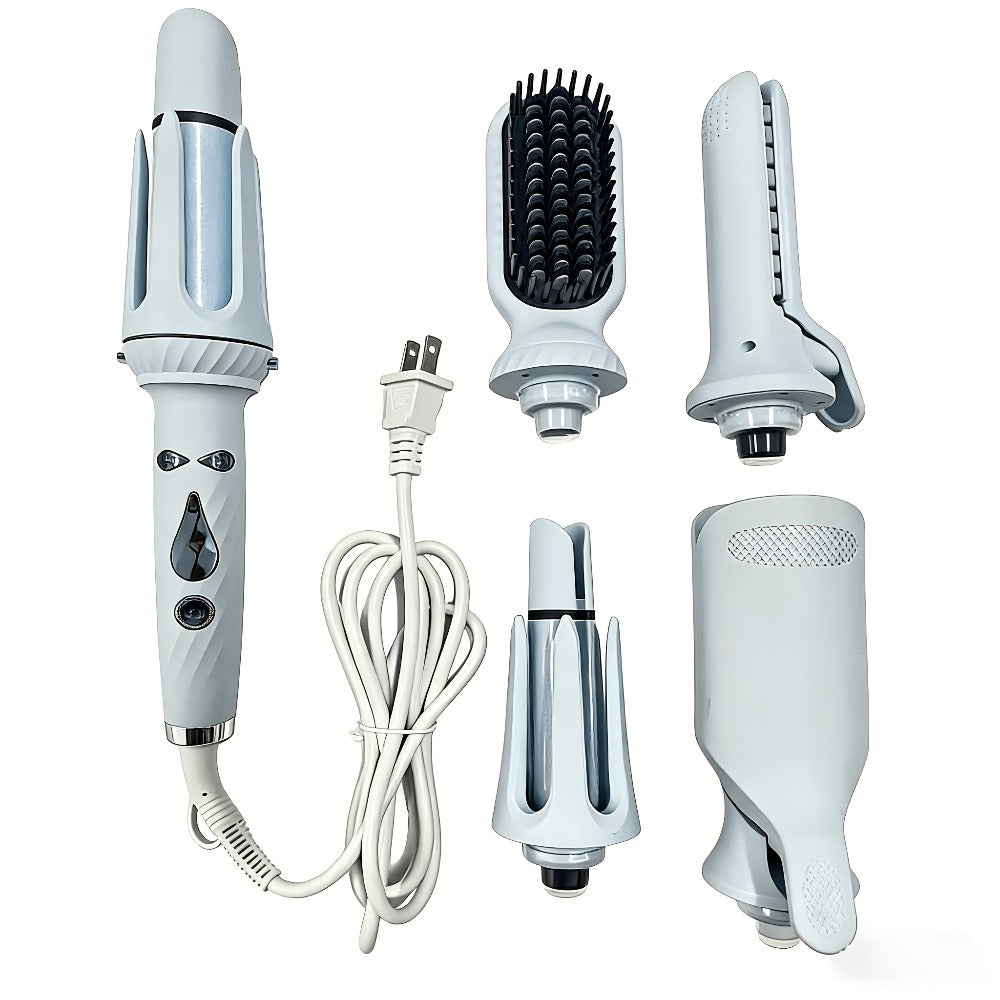 5-in-1 Hair Styler Set with Interchangeable Curling Wand & Straightening Brush - Multi Barrel Curling Iron Kit for Waves
