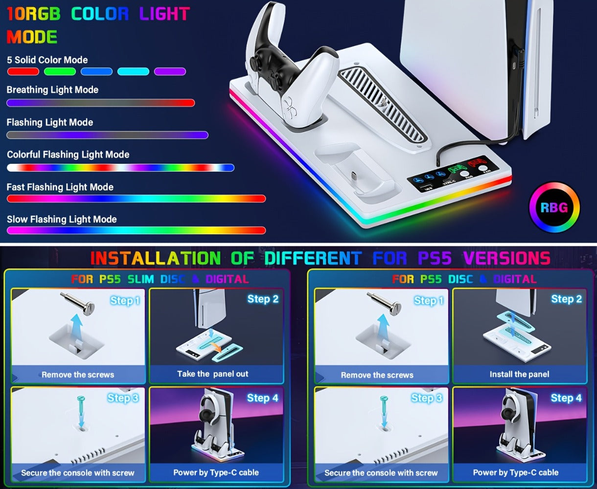 10 RGB Lights PS5 Cooling Stand with 3-Level Fan, Dual Controller Charging Station, USB Hub & Type-C Port