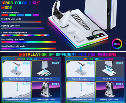 10 RGB Lights PS5 Cooling Stand with 3-Level Fan, Dual Controller Charging Station, USB Hub & Type-C Port