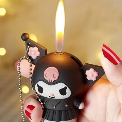3D Kawaii Anime Figure Lighter with Chain, Cute Kuromi Sanrio Cartoon Open Flame Butane Lighter, Unique Kawaii Gift for Anime Fans
