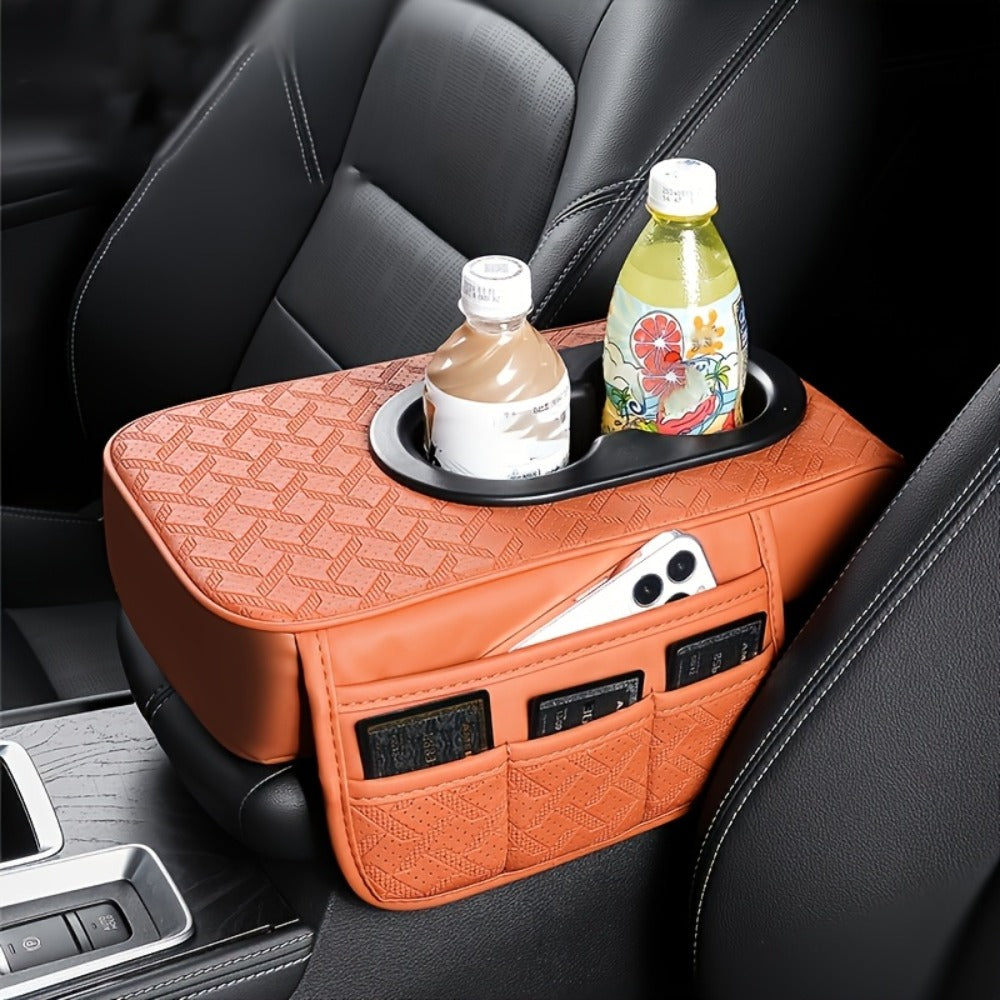 Car Center Console Cover PU Leather – Universal Armrest Box Mat with 2 Cup Holders & 2 Side Pockets, Phone & Card Storage