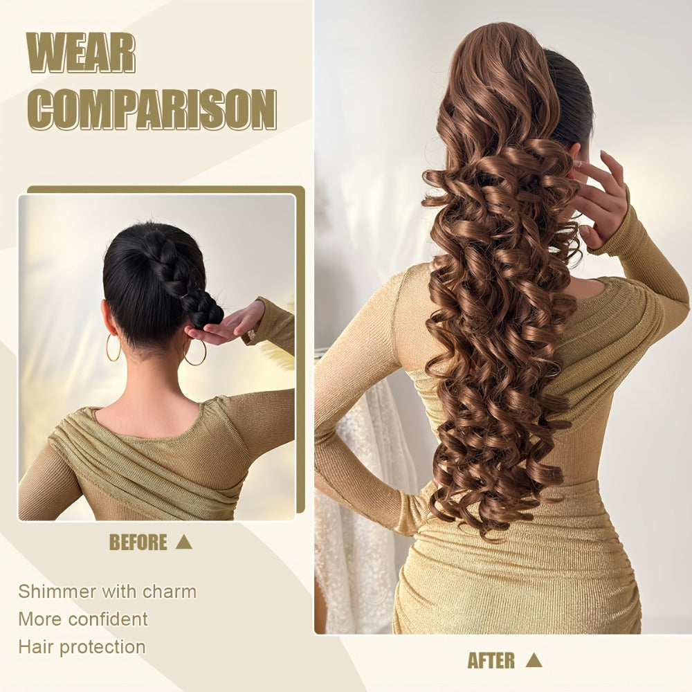 Curly Ponytail Extension 28 Inch Long Heat Resistant Synthetic Clip In Wrap Around Hairpiece Voluminous Bouncy Curls 4 Styles for Women