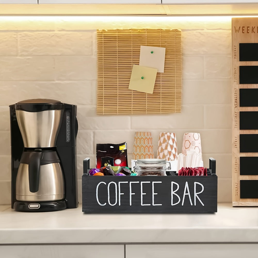 Wooden Coffee Bar Organizer with Farmhouse Sign and Rectangular Tray for Pods, Sugar, Creamer and Countertop Accessories