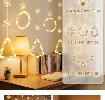 String Lights, 118-Inch USB Holiday Curtain with Ten Snowflake or Star-and-Tree Drops for Indoor Display