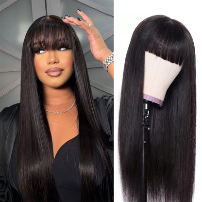 Synthetic Wig 26-Inch Black Straight Style with Full Bangs, Fiber and Machine Cap with Item-Specific Color, Length, Texture and Cap Choices