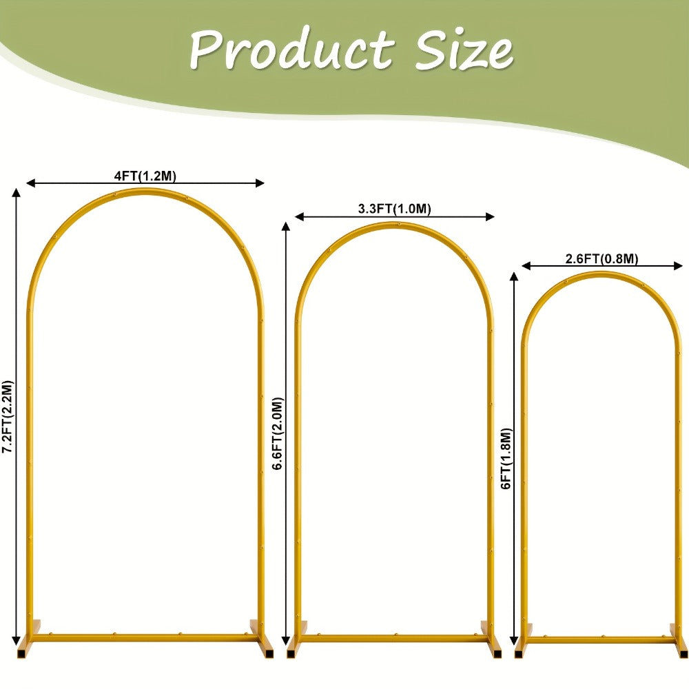 Three-Piece Gold Metal Arch Backdrop Set with 7.2FT, 6.6FT and 6FT Frames plus Seven Balloon Clips