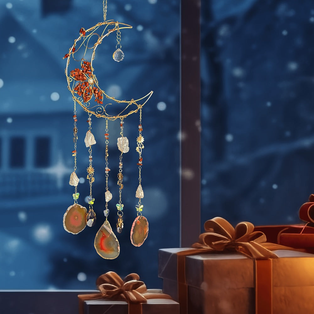 Moon Agate Tree Hanging Ornament Handmade Boho Suncatcher Wall Decor - Crystal Window Sun for Entryways, Bedrooms and Living Spaces