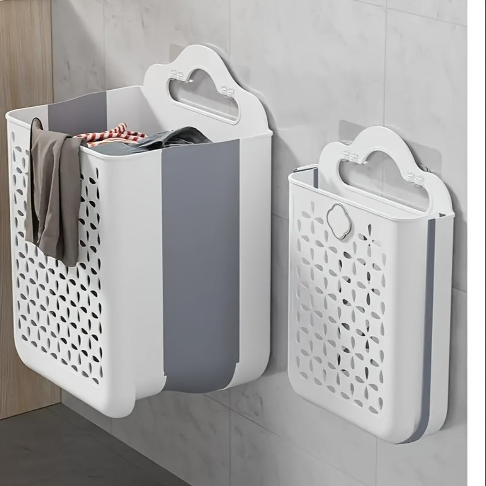 White Wall-Mounted Foldable Laundry Basket with Cutout Panels, Carry Handle and 39 cm Height