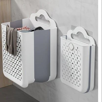 White Wall-Mounted Foldable Laundry Basket with Cutout Panels, Carry Handle and 39 cm Height