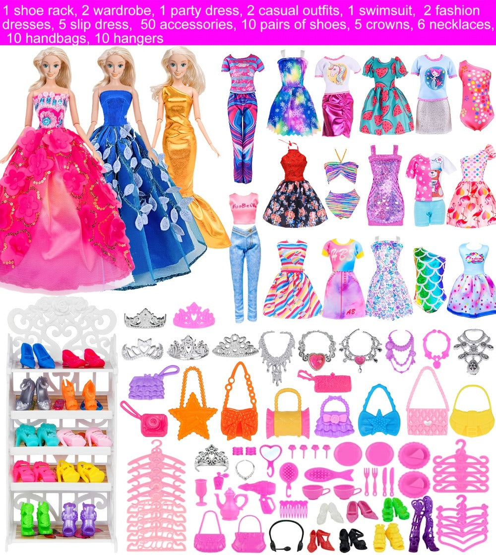 Doll Closet Playset 105 Piece Rose Wardrobe for 11.5 Inch Dolls, Wedding Gowns Fishtail Dress Swimsuit Shoes Handbags Crowns & Necklaces