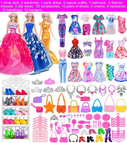 Doll Closet Playset 105 Piece Rose Wardrobe for 11.5 Inch Dolls, Wedding Gowns Fishtail Dress Swimsuit Shoes Handbags Crowns & Necklaces