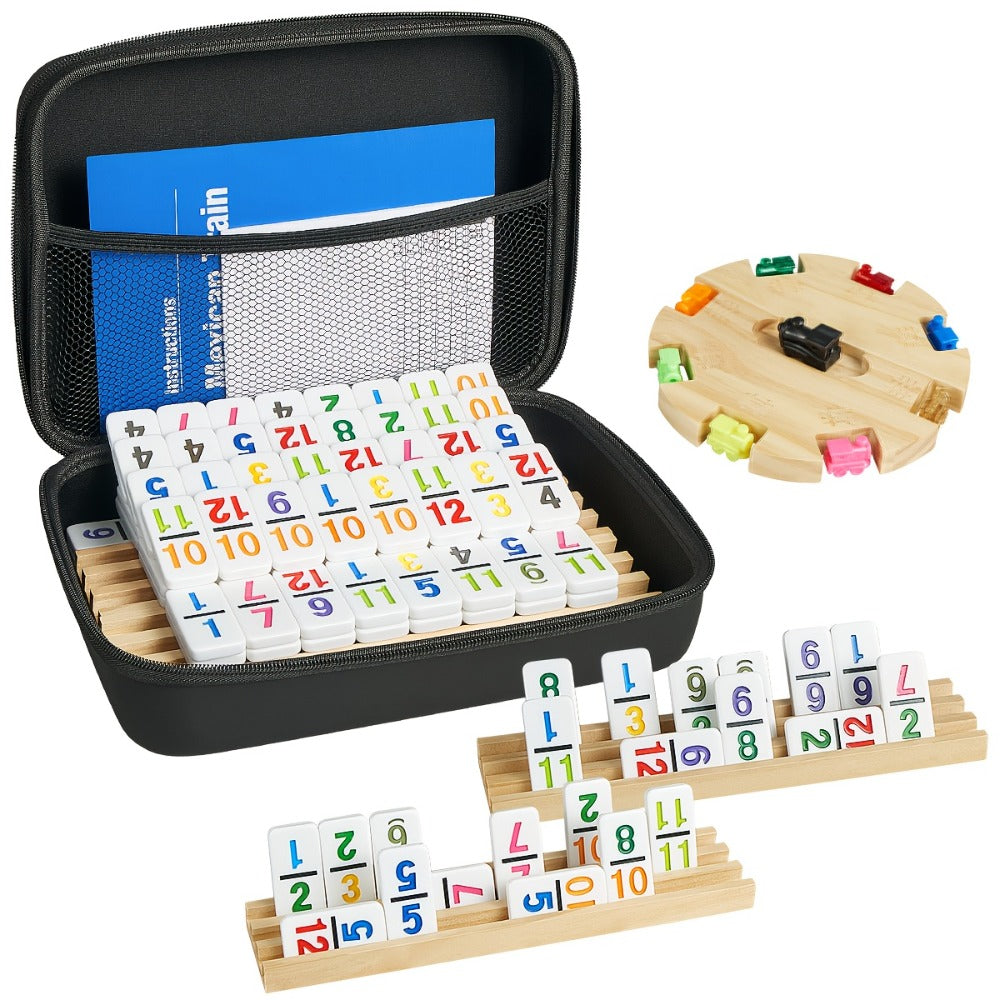 Mexican Train Dominoes Double 12 Set – 91 Colorful Tiles, 9 Metal Trains & 4 Wooden Racks, Complete Strategy Board Game with EVA Travel Case